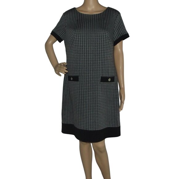 Tommy Hilfiger Dress Womens 12 Gray Black Jacquard Houndstooth knee length shift - Picture 1 of 12